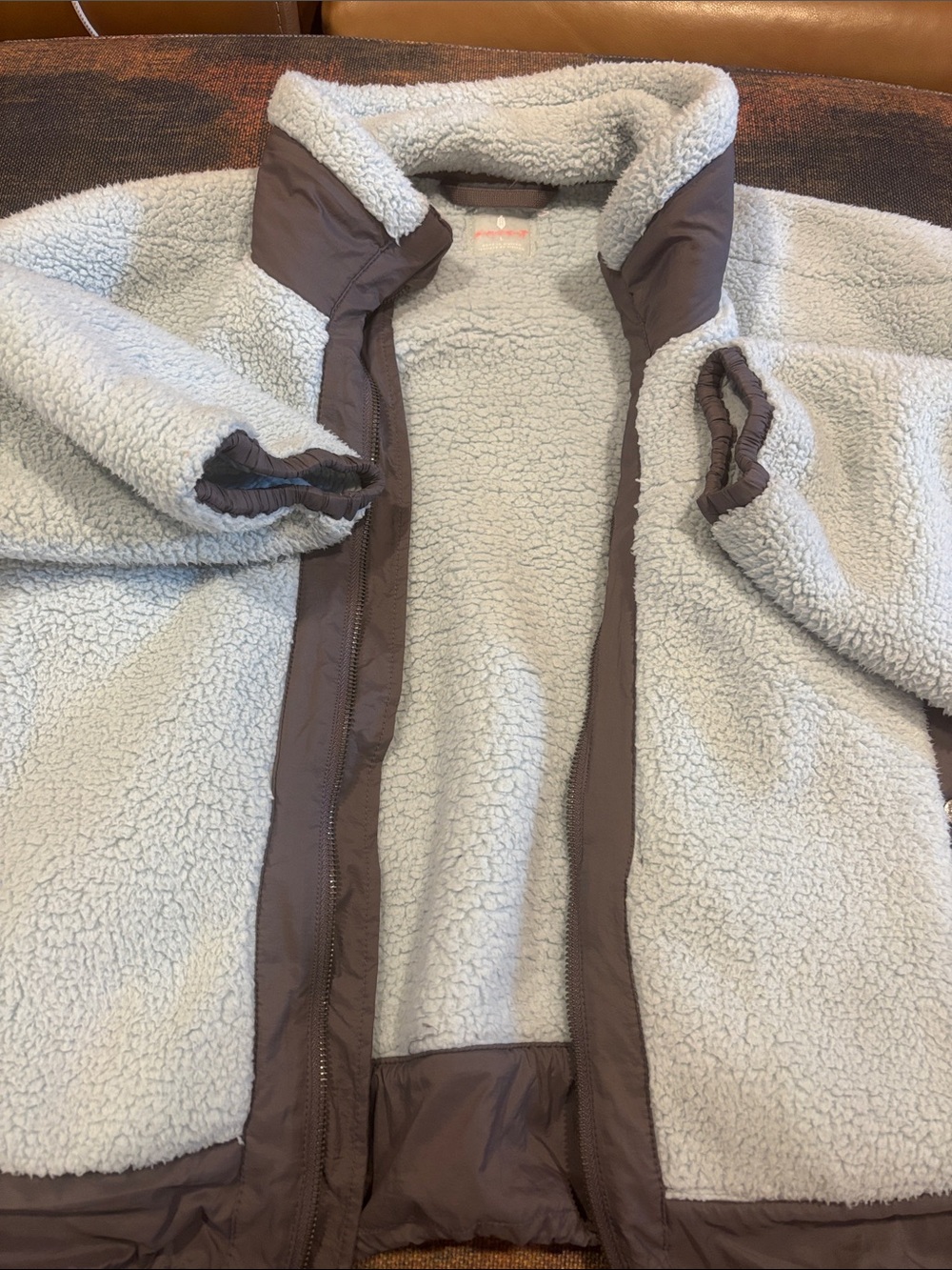 Free People Women Sherpa Fleece Jacket in Ice Blie Color with Brown Trim